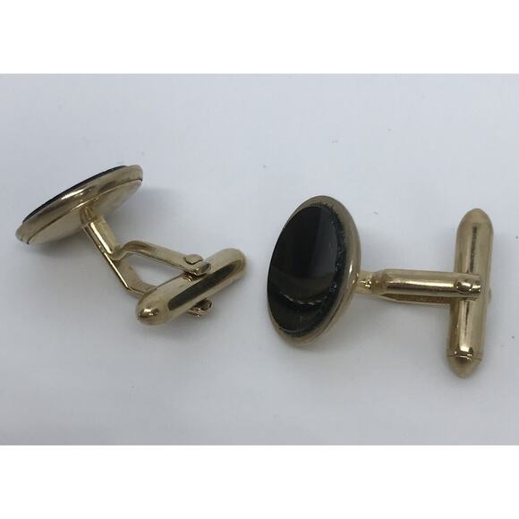 Vintage Signed Swank Goldtone and Black Leverback Cufflinks - Picture 3 of 4